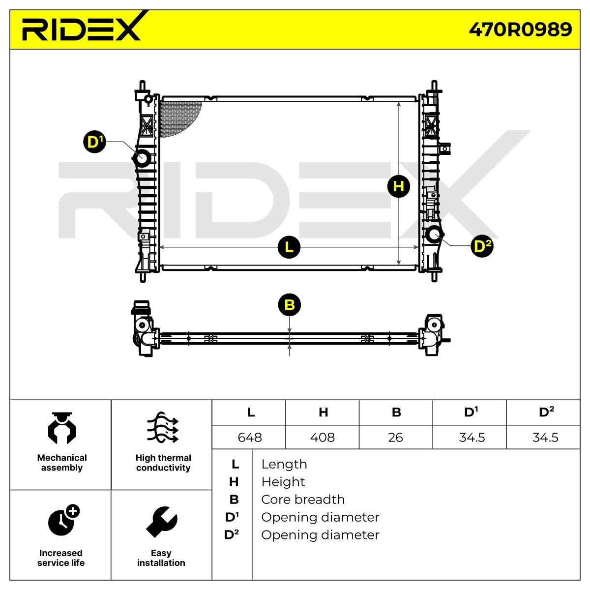 RIDEX 470R0989 Radiador refrigeración del motor sin grapa/pinza Compatible con PEUGEOT 308 SW II LC, LJ, LR, LX, L4