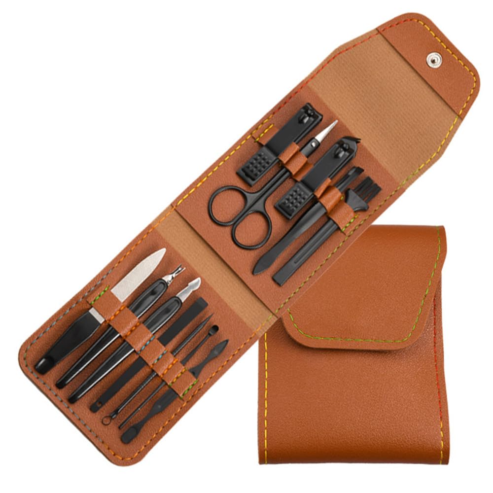 Set di Bellezza per Manicure da 7/12 Pezzi, tagliaunghie, forbicine per Unghie, Forbici per Sopracciglia, Lima, pinzette a Doppio Taglio, Utensili per la casa, 12 Pezzi, Marrone