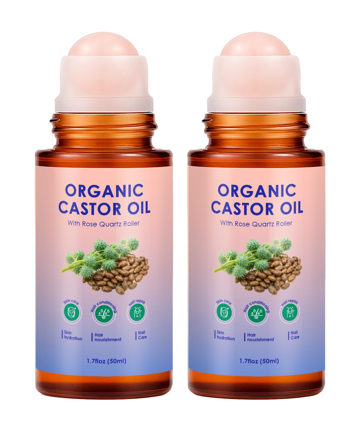 Castor Oil Roll On - Castor Oil Organic Cold Pressed, 2PCS 100% Pure Cold-Pressed, hair, Face & Skin Moisturizing, Reducing Dark Circles,Nail and