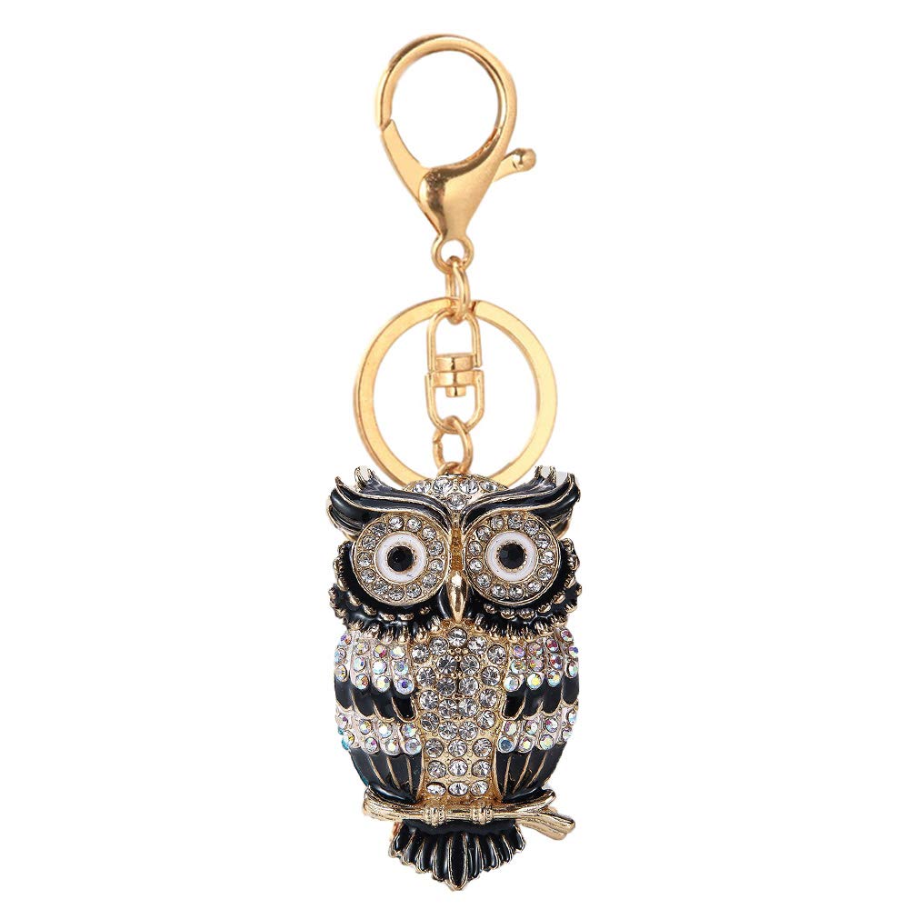 Wanlian Women's Black Cute Owl Rhinestones Keychain,Sparkling Alloy Charm Keyring Pendant (Black)