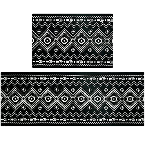 Cocobelin Black Boho Geometric Kitchen Rugs & Mats 2 Pieces,Black & White Boho Bathroom Rug,Non Slip Cushioned Mat Runner Rug Doormat For Boho Kitchen,Sink,Laundry,Bathroom,Home Decor,17X24+17X48Inch #TOP8