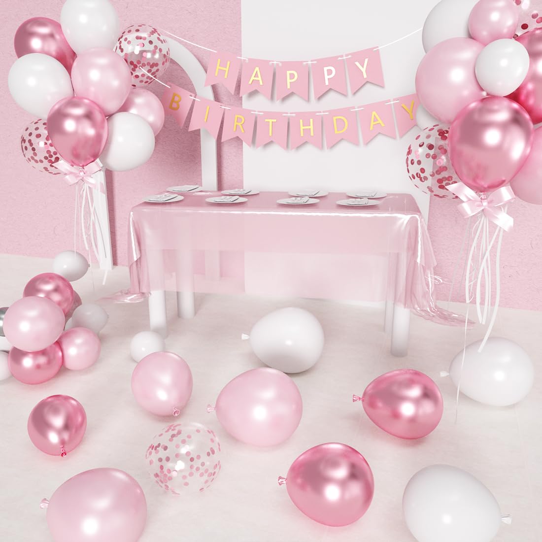 60 Palloncini Rosa Pastello Per Feste - Metallizzati, Opachi E A Coriandoli, Per Battesimo, Matrimonio, Compleanno - Foto 5