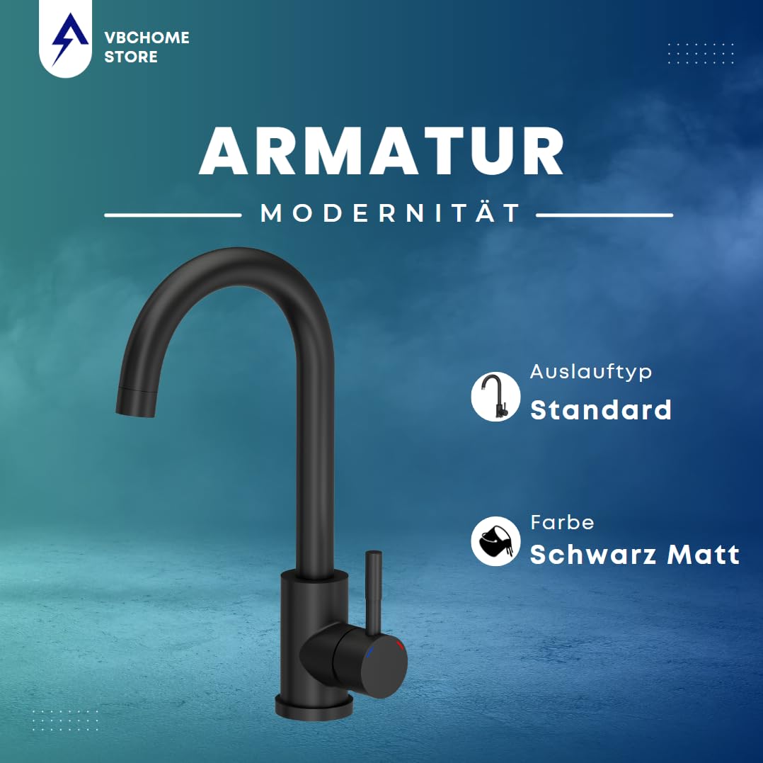 VBChome Granit Spülbecken 55 x 44 cm Schwarz gesprenkelt – Einbauspüle Einzelbecken reversibel mit Armatur & Siphon – Küchenspüle Set matt Schwarz – robust & pflegeleicht