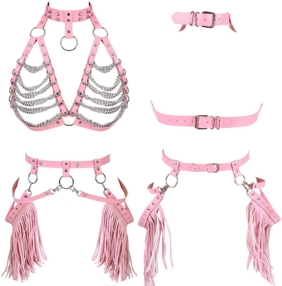 Womens Waist Harness Leather Belt Metal Chain Body Tassel Punk Festival Dance Rave Costumes Lingerie Garter Belts