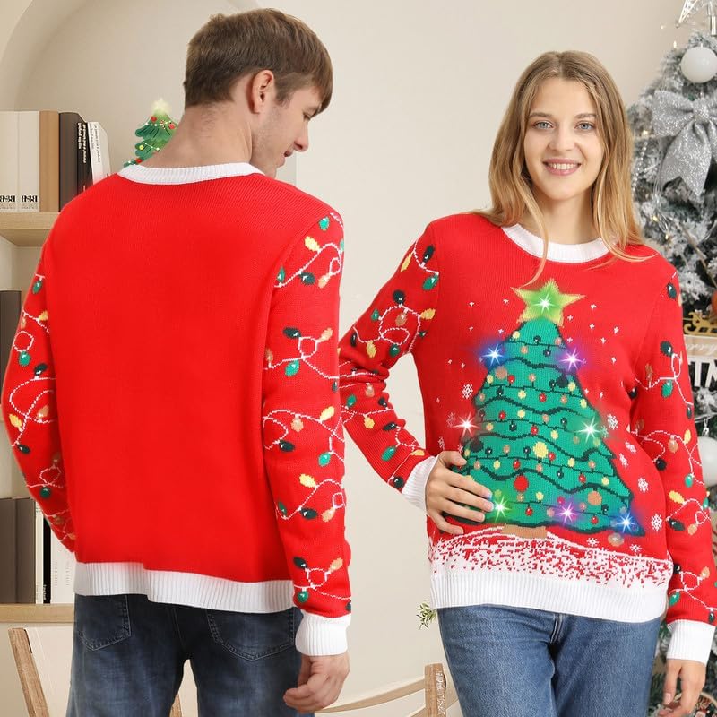 Ugly Christmas Sweaters for Women Men,Light Up Christmas Sweater,Funny Christmas Tree Red Unisex Xmas Sweaters for Couples - Image 5