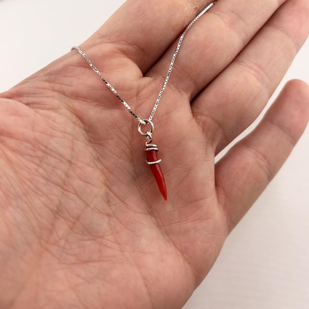 Collana con ciondolo cornetto in corallo rosso naturale e giro di argento 925 rodiato fatto a mano catenina veneziana 40/45/50 cm a scelta gioiello artigianale unisex uomo donna