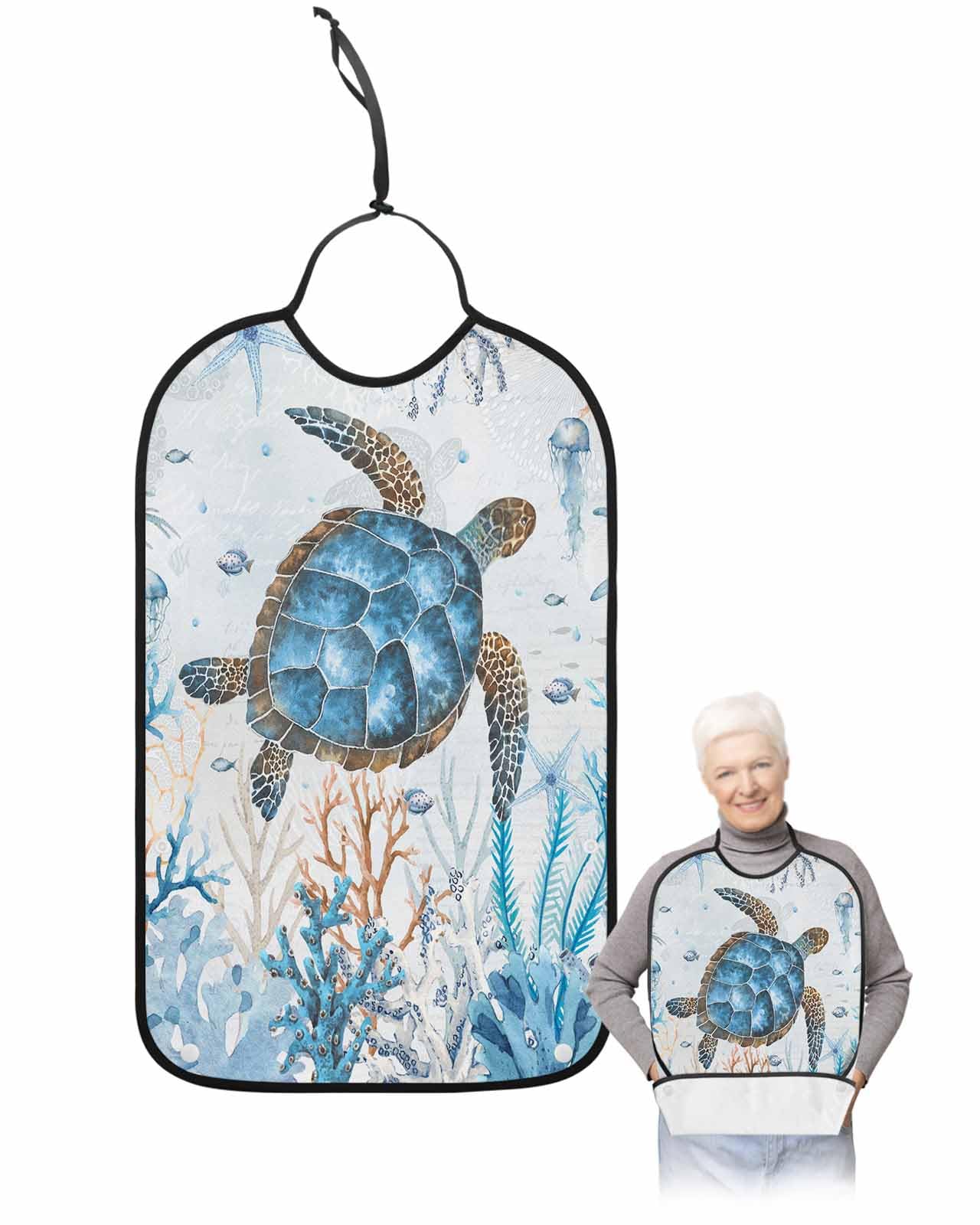 LEOKOTI Blue Sea Turtle Adult Bibs for Eating, Waterproof Bibs with Food Catcher & Snap Closure, Coastal Nautical Coral Summer Beach Seaside Washable Clothing Protectors Adult Bibs for Elderly