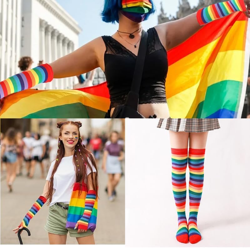 Womens Girls Rainbow High Socks Gloves Knee High Socks Cosplay Rainbow Striped Leg Arm Warmer Fingerless Gloves Set Accessories