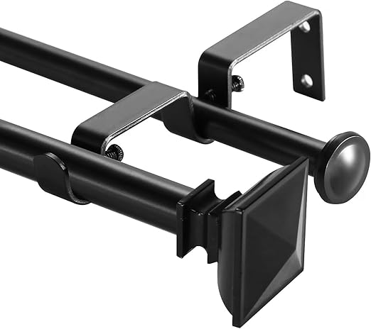 Urbanest Square Urn Adjustable Double Drapery Curtain Rod Set, 5/8", 28-48", Black