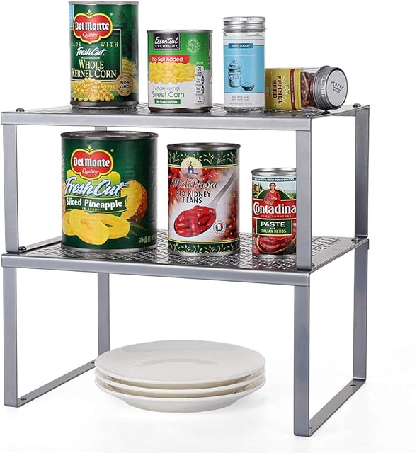 2 Pack Cupboard Organiser, Kitchen Shelf Organiser Insert, Stackable&Expandable Storage Shelves Spice Rack for Kitchen Cabinets, Utensils, Food, Counter-Tops - Silver
