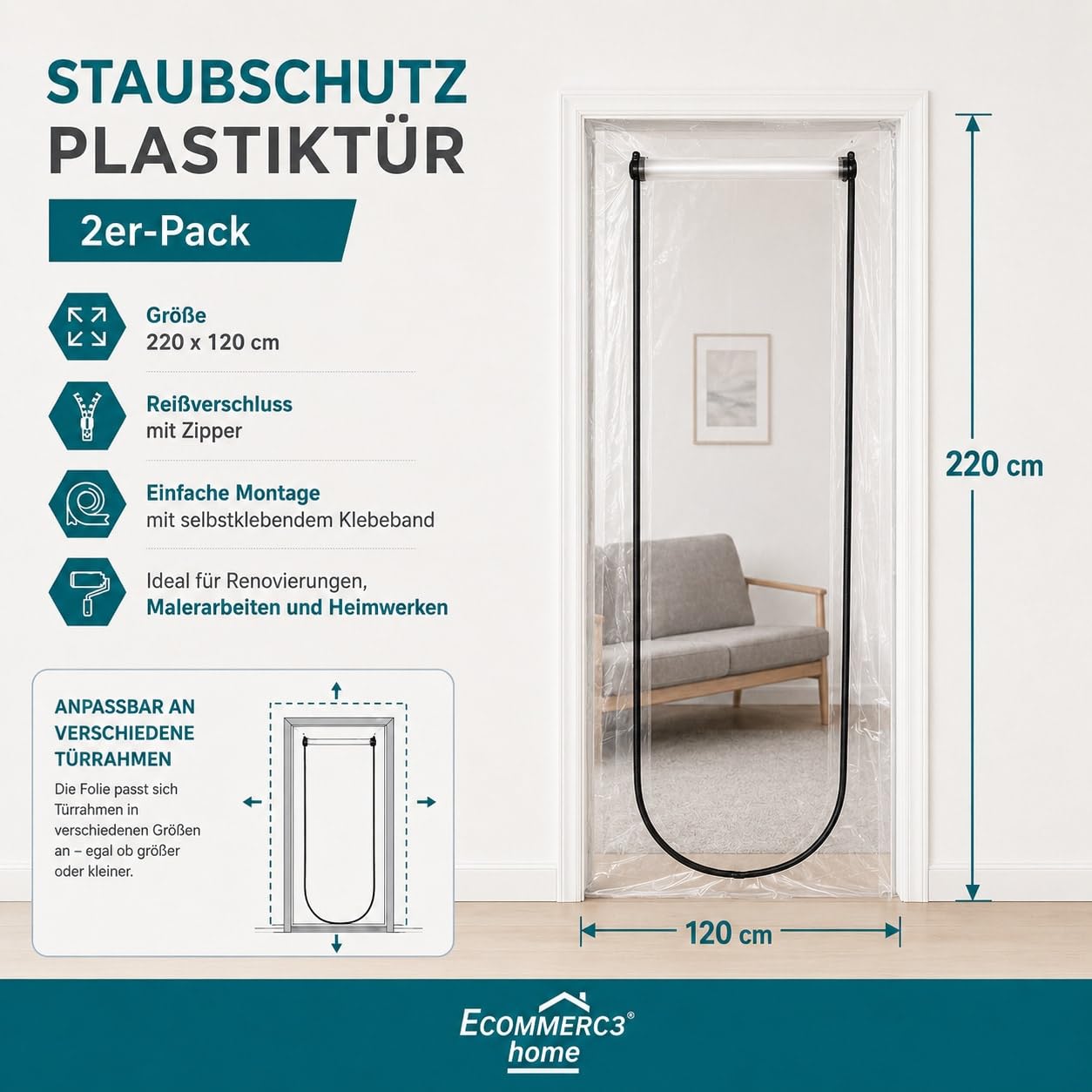 ECOMMERC3 | 2x Staubschutztür mit Reißverschluss 220 x 120 cm - Bautür Transparent für Renovierung und Baustelle - Einfache Montage mit Klebeband