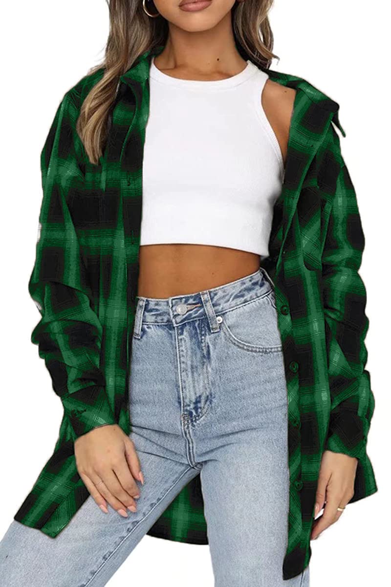CHYRII - Camisa de franela con botones para mujer, de manga larga, a cuadros, estilo informal, para negocios