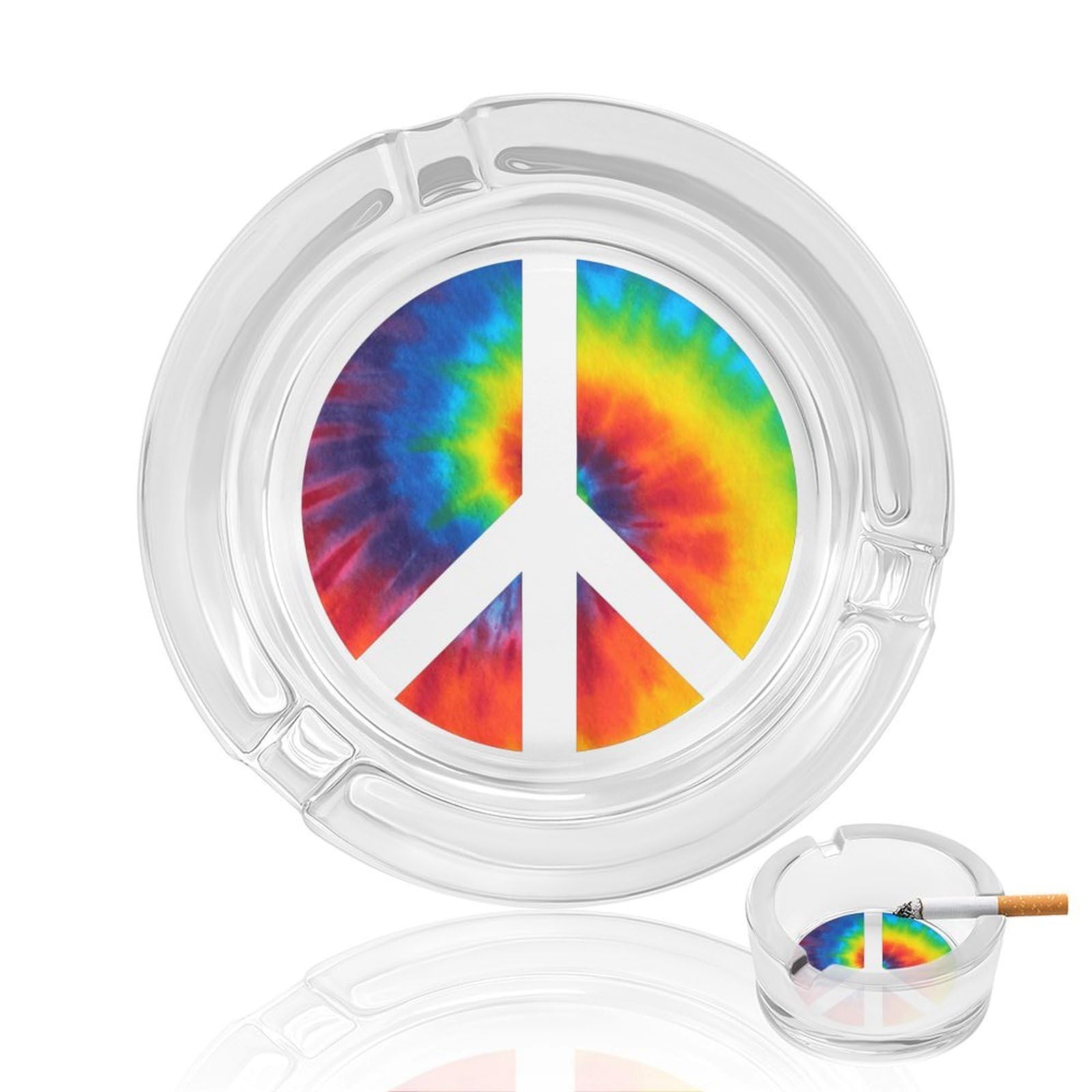 Nclqvjxzkhw Style Tie Dye Peace Sign Glass Ashtray Round Ash Tray Smoking Trays For Home Garden Outdoor