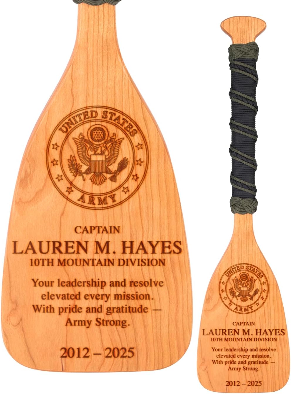 Personalized US Marine Corps Paddle – 24" Solid Cherry Wood Military Award with 550 Paracord Handle | Engraved USMC Gift for Retirement or Farewell
