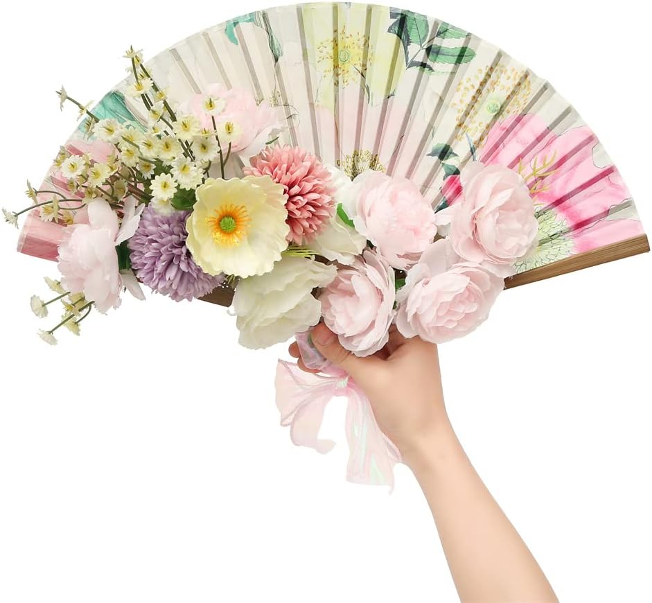 HeyToo Women Pretty Hand Fan Bamboo Printed Pattern Folding Fan Wedding Party Themed Anniversary Accessory Big Flower
