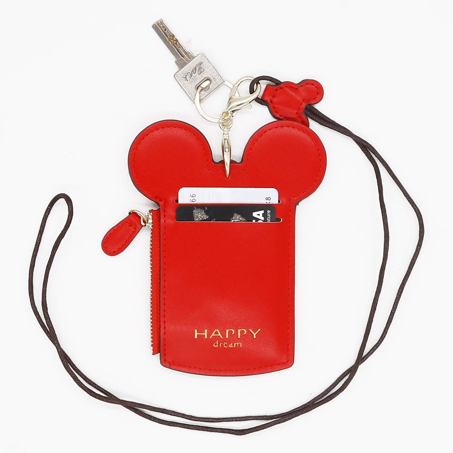 Soporte de identificación con soporte para credencial con cordón, piel sintética, cartera de cuello con forma de animal lindo para mujer (rojo) 2