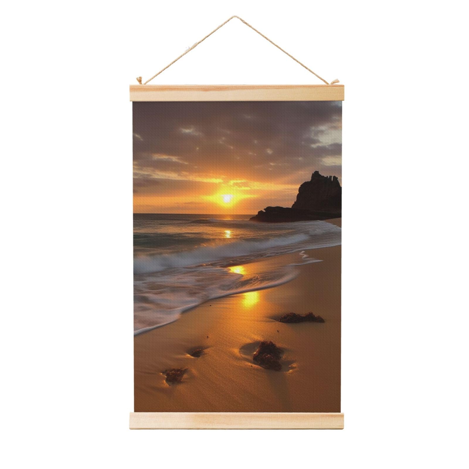 Sunrise beach Poster Wooden Shaft Hanging Poster Wall Hanging Banner Canvas Artwork with Wood Frames 36"x24" Modern Artwork Decor Ready to Hang Wall Art for Home Decor Scroll Painting