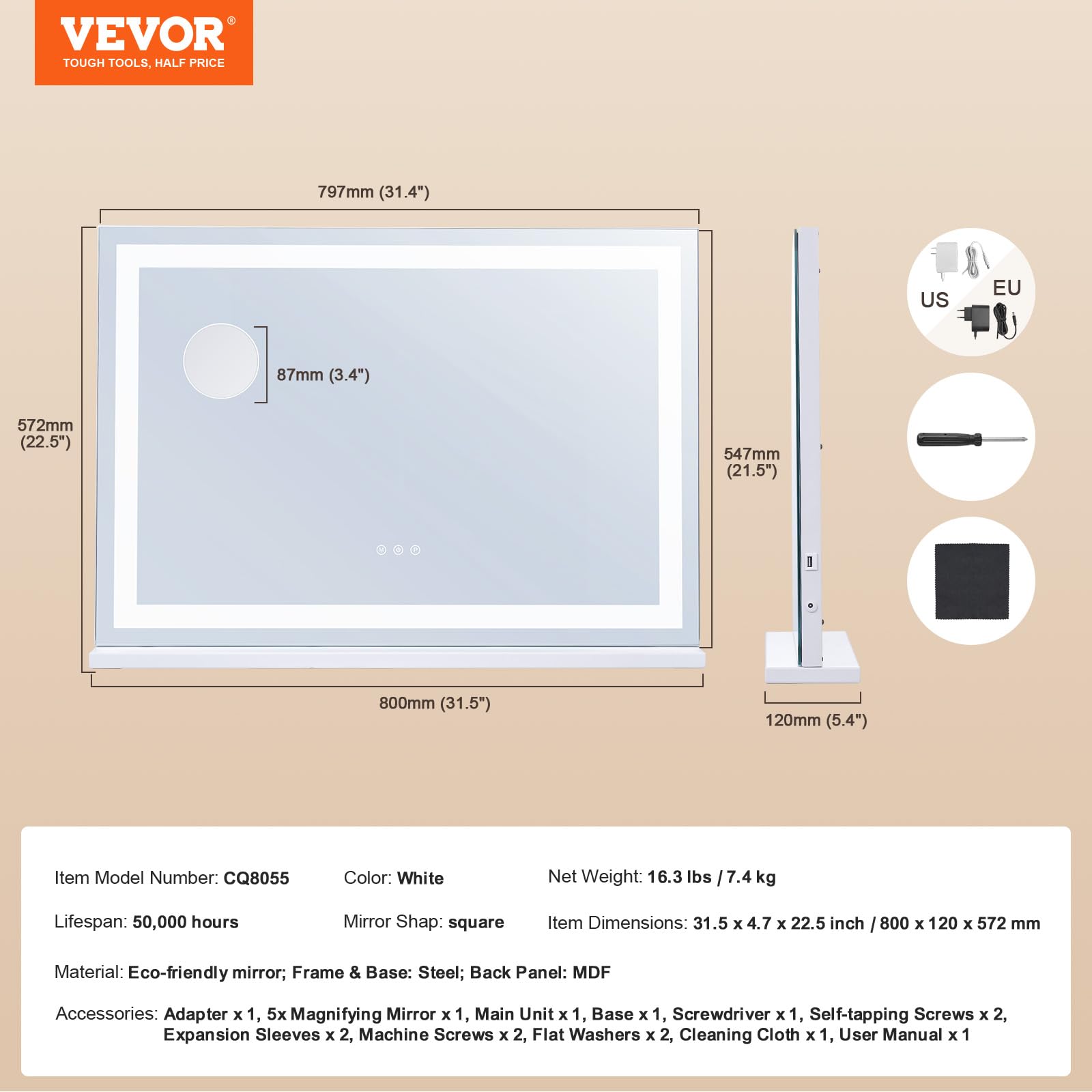 VEVOR Specchio per Trucco con Lampadine LED Porta USB Specchio per Trucco 3 Modalità di Illuminazione a Colori con Specchio Ingranditore 5X Rimovibile Controllo a Tocco Rotazione a 360° 797x547mm