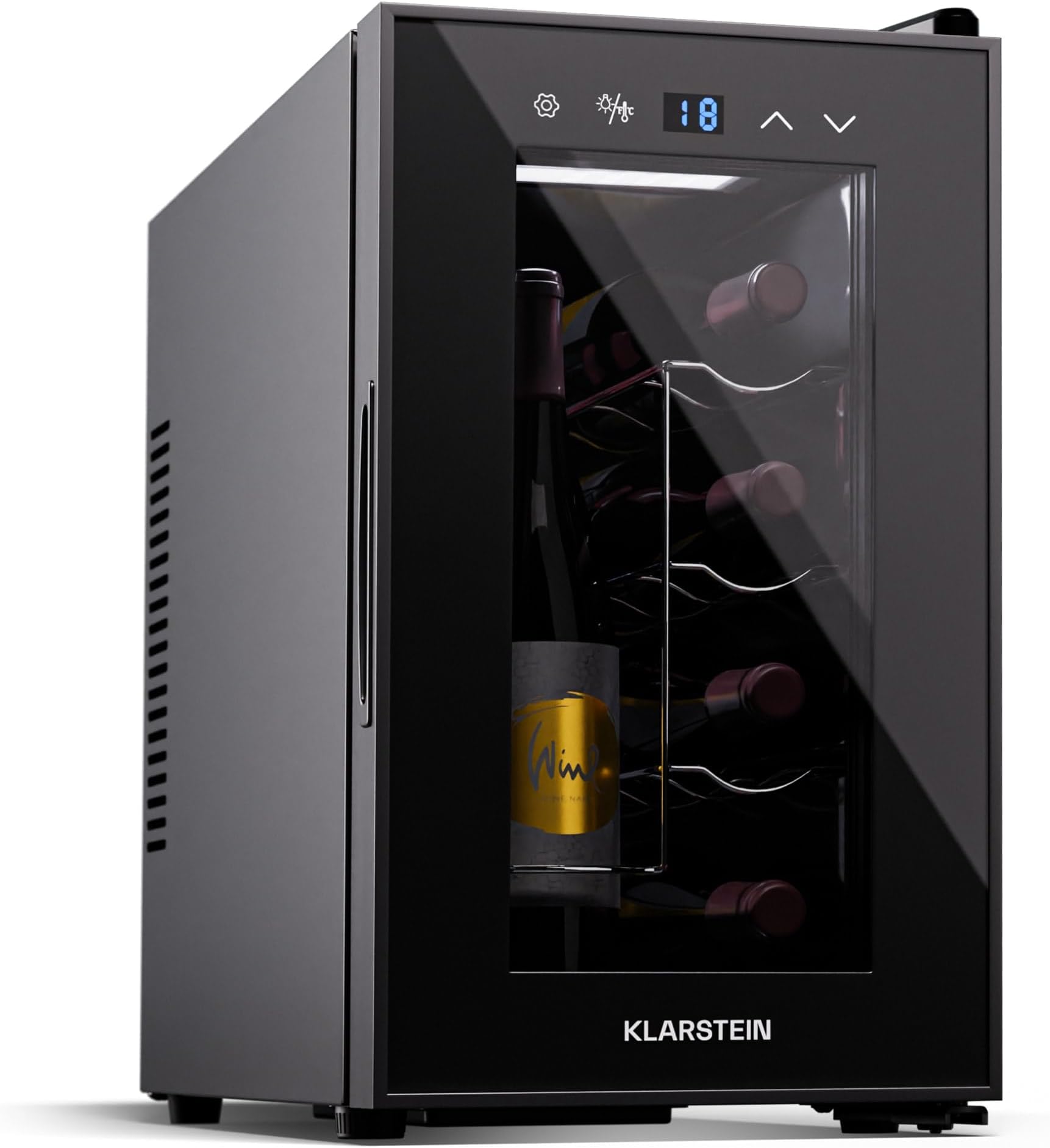 Klarstein Single Zone Refrigerated Wine Cellar for Indoor/Outdoor, Fridge Bar, Wine Cellar with Glass Door, Mini Silent Fridge, Small Touch Control Refrigerator, 5-18°C, 8 Bottles