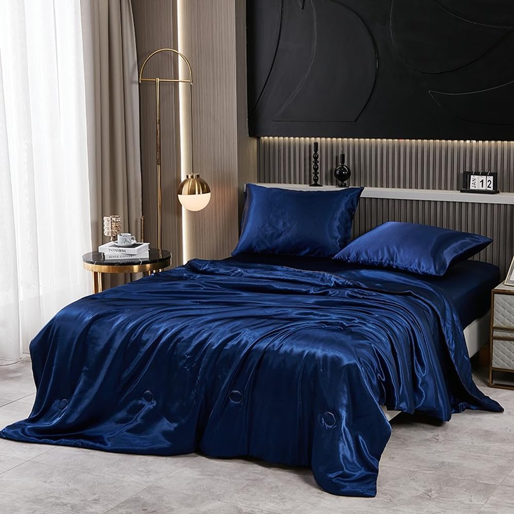 Juego de edredón de Seda Helada de Verano, edredón Ligero, Lavable y Fresco, con Aire Acondicionado, 3 o 4 Piezas, sábana encimera y Funda de Almohada, Color 1, 180 x 220 cm, 4 Piezas