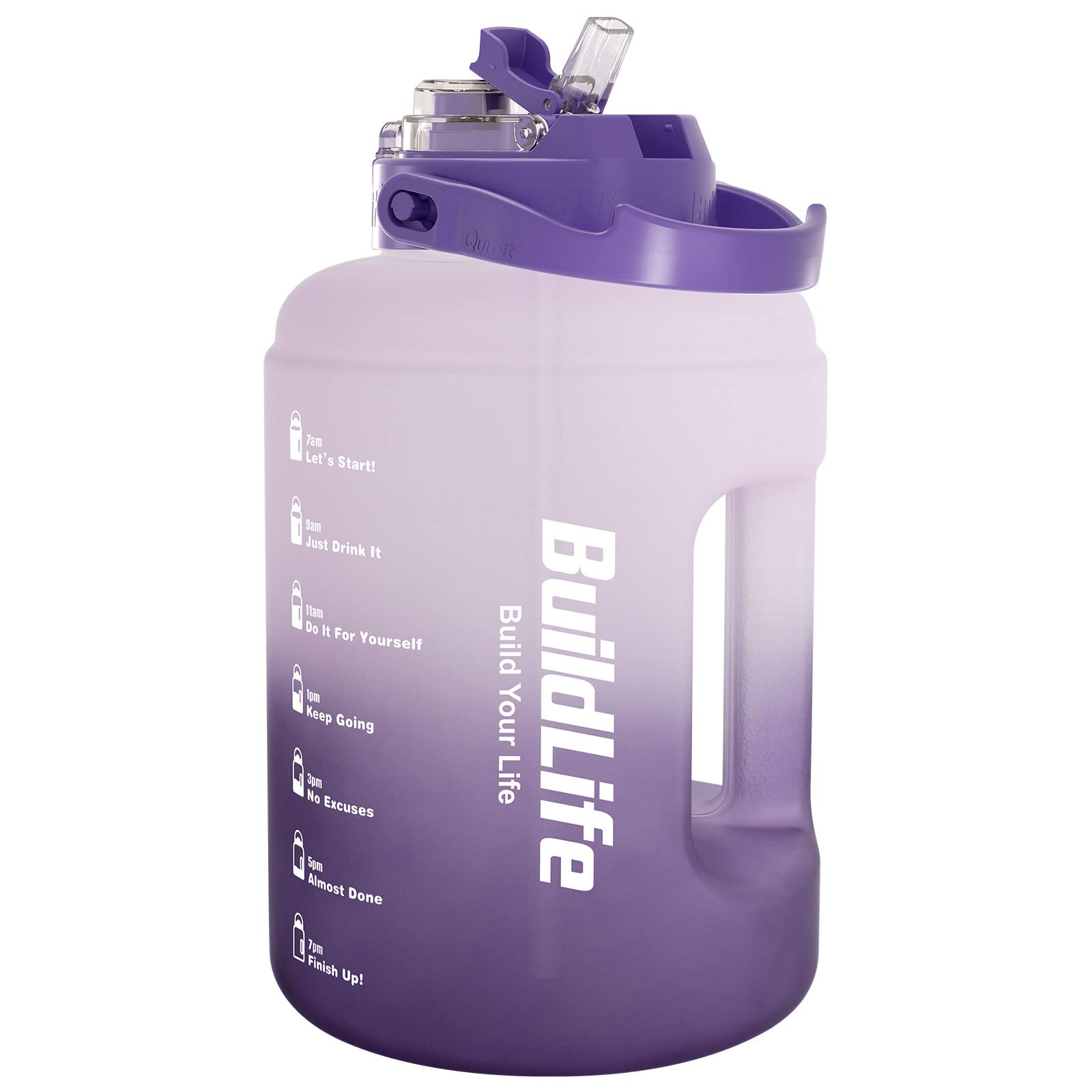 BuildLife Sport-Wasserflasche, 2.5 l, auslaufsicher, mit Zeitmarkierung, 2-in-1-Deckel, BPA-frei, für Fitnessstudio (Lila, 2500 ml)