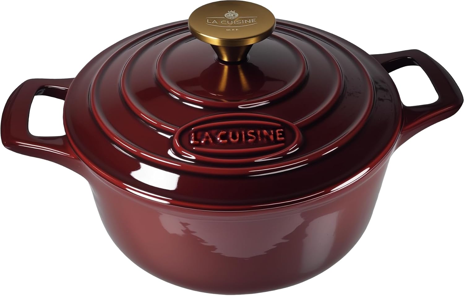 La Cuisine Enameled Cast Iron Dutch Oven Casserole Pot with Golden handle for Lid, Internal Matte Black Enamel Coating 2.1QT 10.5" / 20cm Ø, Oven-Safe 550°F/276°C Cranberry