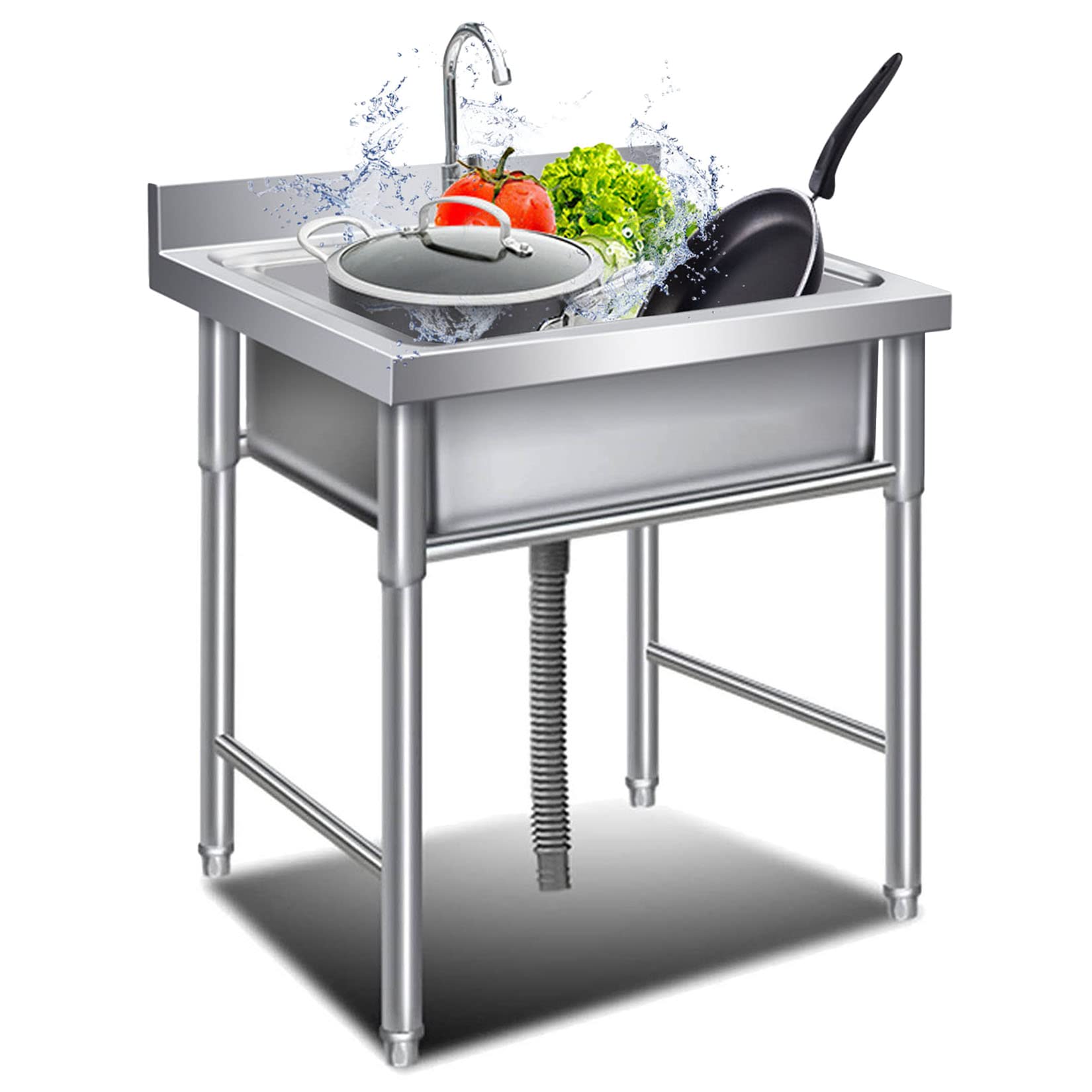 HCZKIUJY Kitchen Utility Sink,Single Bowl Stainless Steel Commercial Kitchen Sink Bowl, Freestanding Prep & Utility Sink, H+ Washing Basin for Garage, Restaurant, Laundry Room, Ou(50x50x80cm)