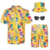 Harloon 4Pc Men's Hawaiian Shirt and Short Set Casual Button Down Flower Outfits with Bucket Hat Sunglasses Halloween Tourist(XL Size)