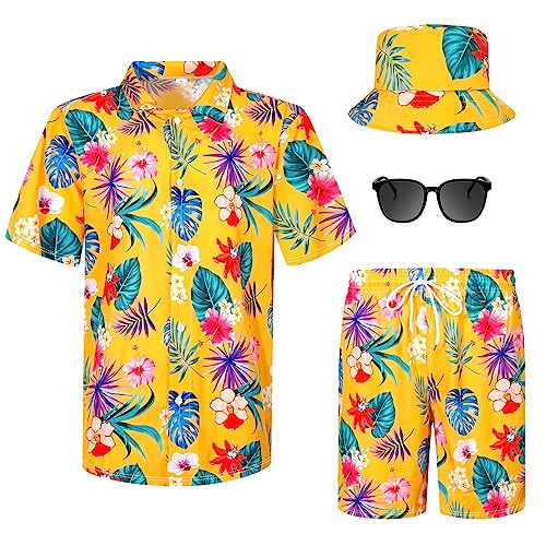 Harloon 4Pcs Summer Halloween Men's Hawaiian Shirt and Short Set Casual Button Down Flower Outfits with Bucket Hat Sunglasses