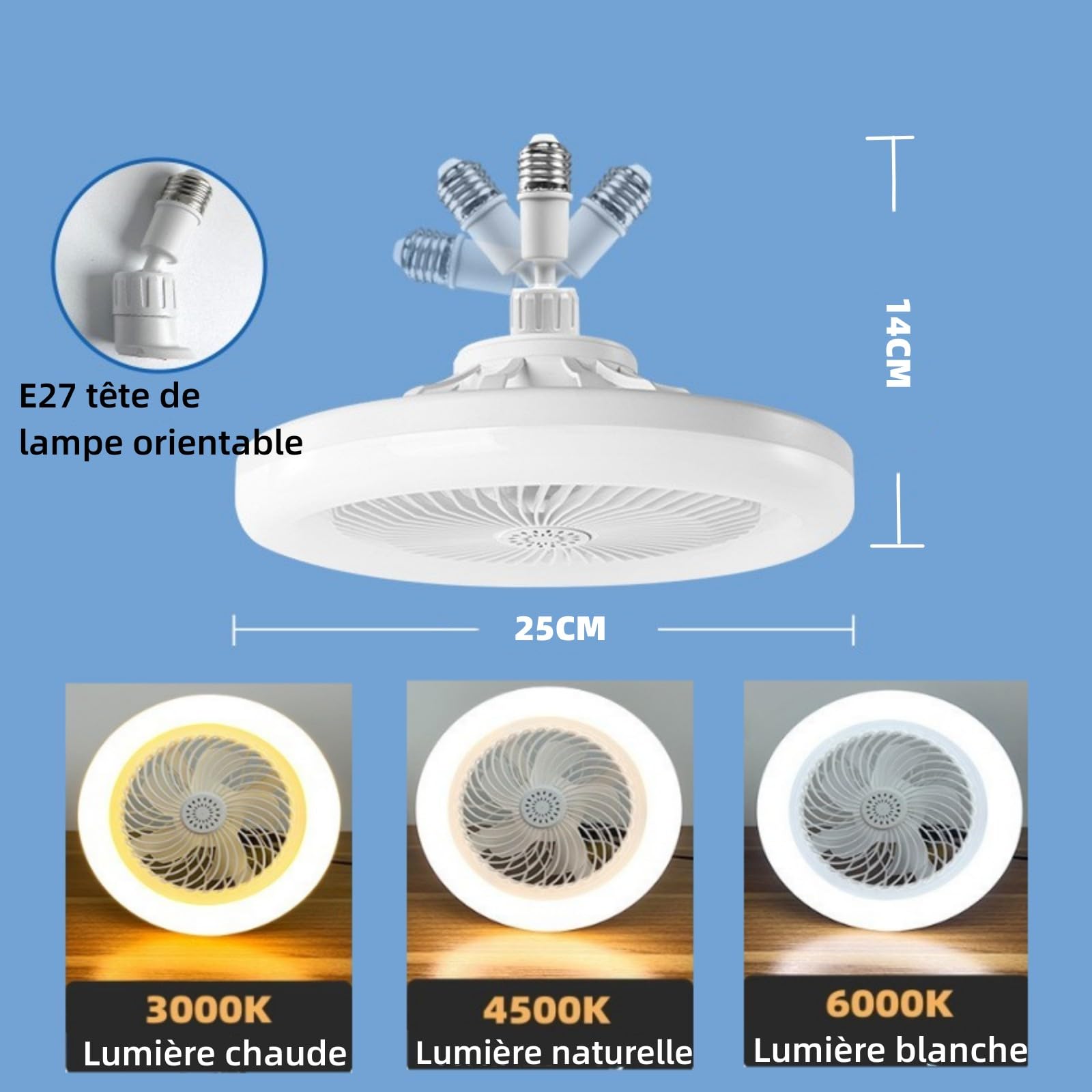 Ventilatore da Soffitto Con Luce,OKSANOventilatore Da Soffitto Con Telecomando,Ventilatore Silenzioso Soffitto,E27 Plafoniera LED A Dimmerabile,3velocità,Temporizzabile