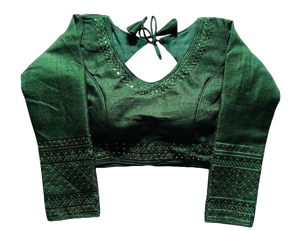 Pujia Mills Milan Silk Full Sleeve V Neck Multi Embroidery Trendy Saree Blouse(Rukmini Green 42)