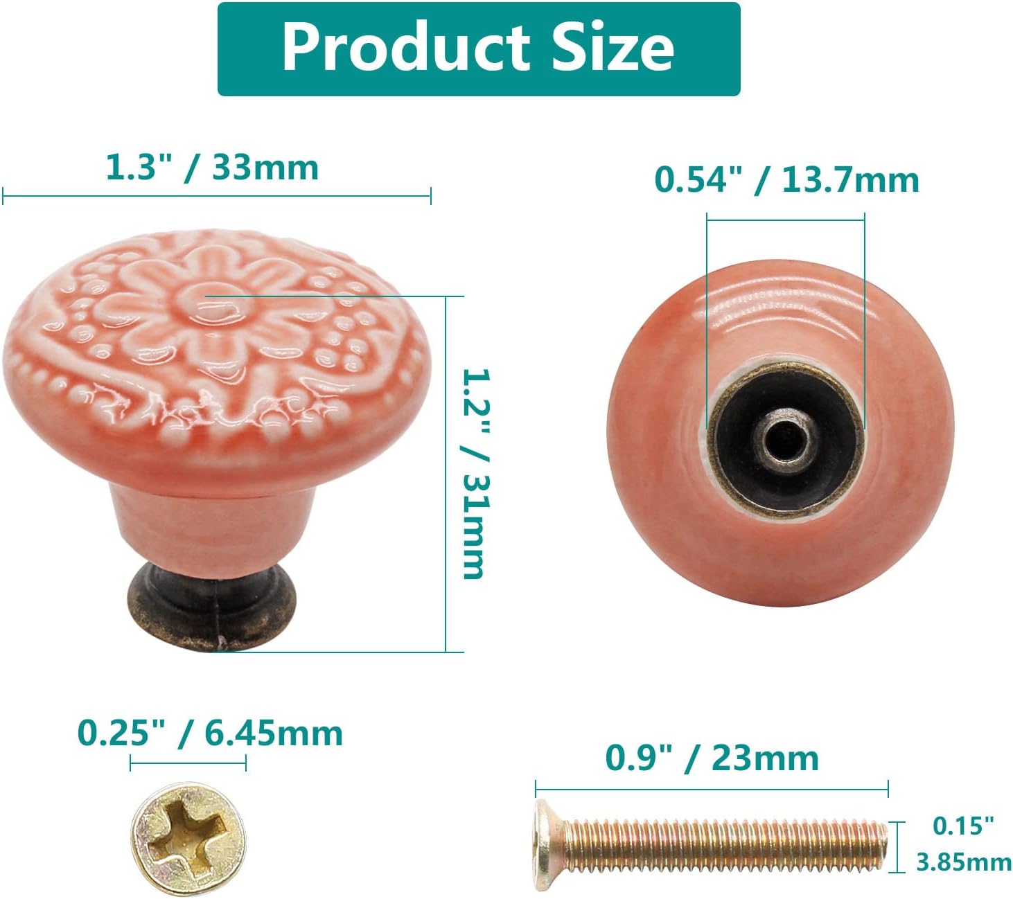 12pcs Pink Cabinet Knobs, Retro Ceramic Dresser Knobs, 34mm / 1.3" Drawer Pulls Dresser Handles with Mounting Screws
