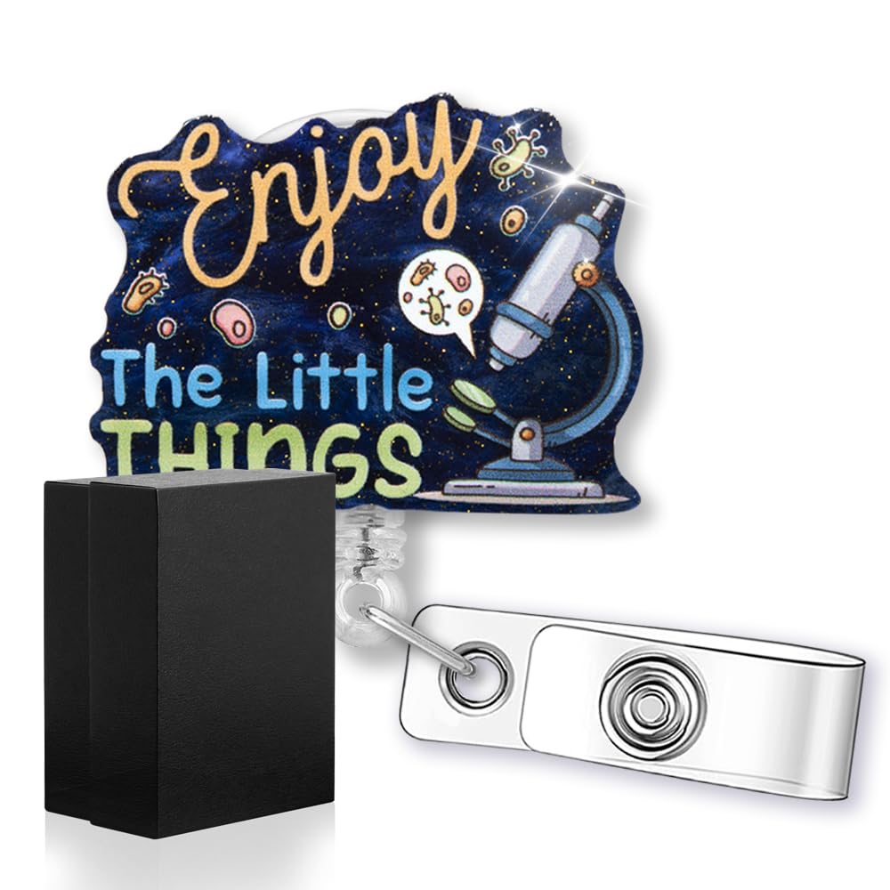 Enjoy The Little Things Funny Glitter Badge Reel Retractable Badge Holder for Microbiologist Lab Technician Microbiology Scientist STEM Tearcher, Science Lab Tech Gift for MLT MLS Student