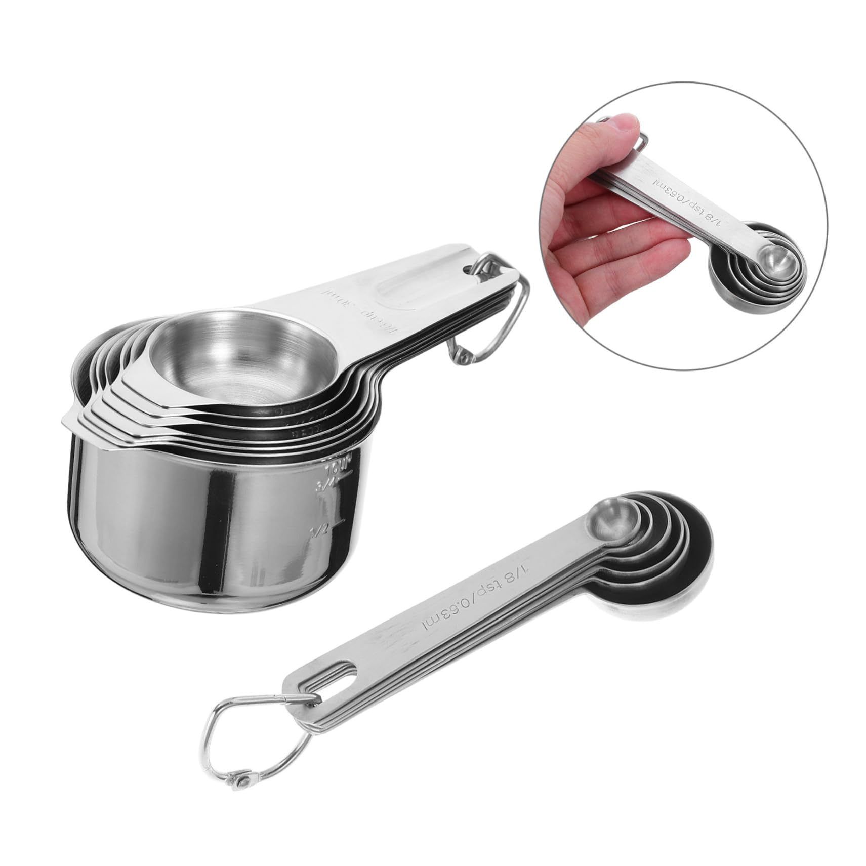 2 Sätze Edelstahl Messbecher und Messlöffel Set mit Komfortgriff und Aufhängeloch Präzise Küchenmesser für Trockene und Flüssige Zutaten zum Backen und Kochen
