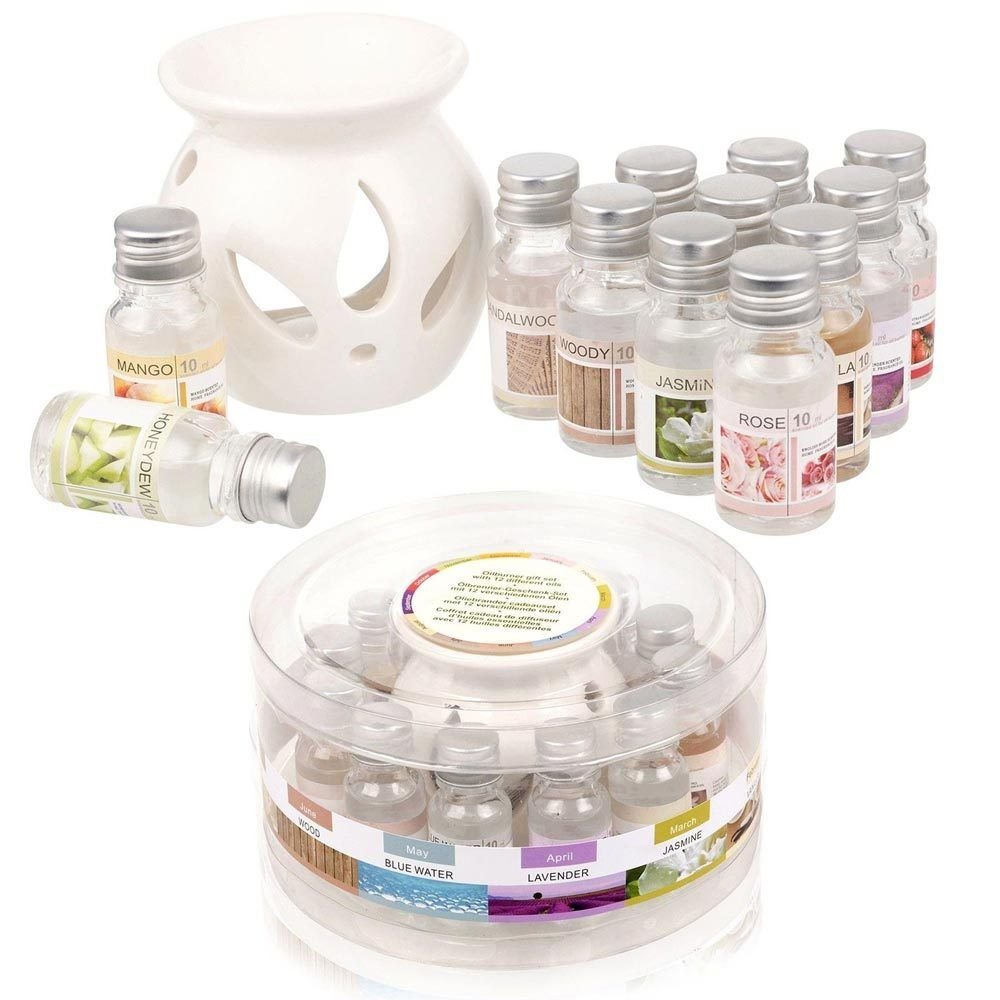 Oil Wax Tart Diffuser Aromatherapy Tea Light Aroma Ceramic Burner + 12 Scented Fragrance Essential Oils
