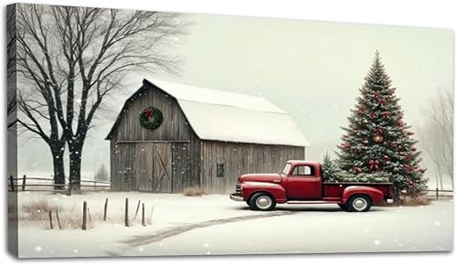 Miniatura 1 de 20"x 40" Canvas Wall Art Vintage Red Truck Christmas Tree Snowy Barn Winter Landscape Framed Pictures Painting Prints Large Wall Art for Living Room