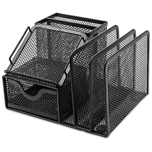 Plemo Mesh Desk Organizer Office Supplies Caddy with 6 Compartments: Drawer, Pen Holder, Memo Holder & File Holder, 6.42" x 4.13" x 5.71"