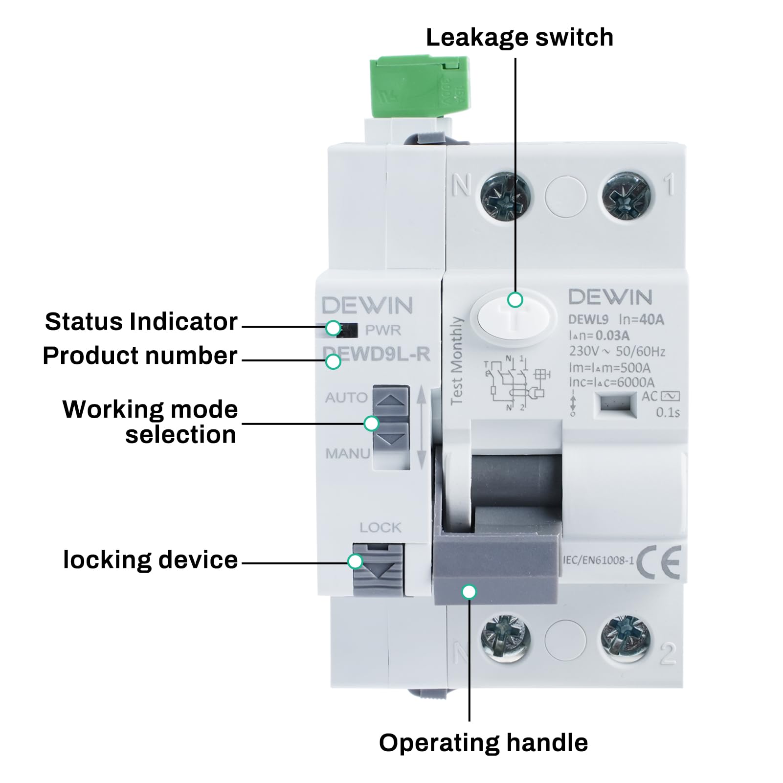 Interruttore Magnetotermico Differenziale 2Poli Salvavita con Riarmo Automatico, Differenziale Riarmo Automatico RCCB Interruttore differenziale AC220V 40A 30mA DEWD9L-R