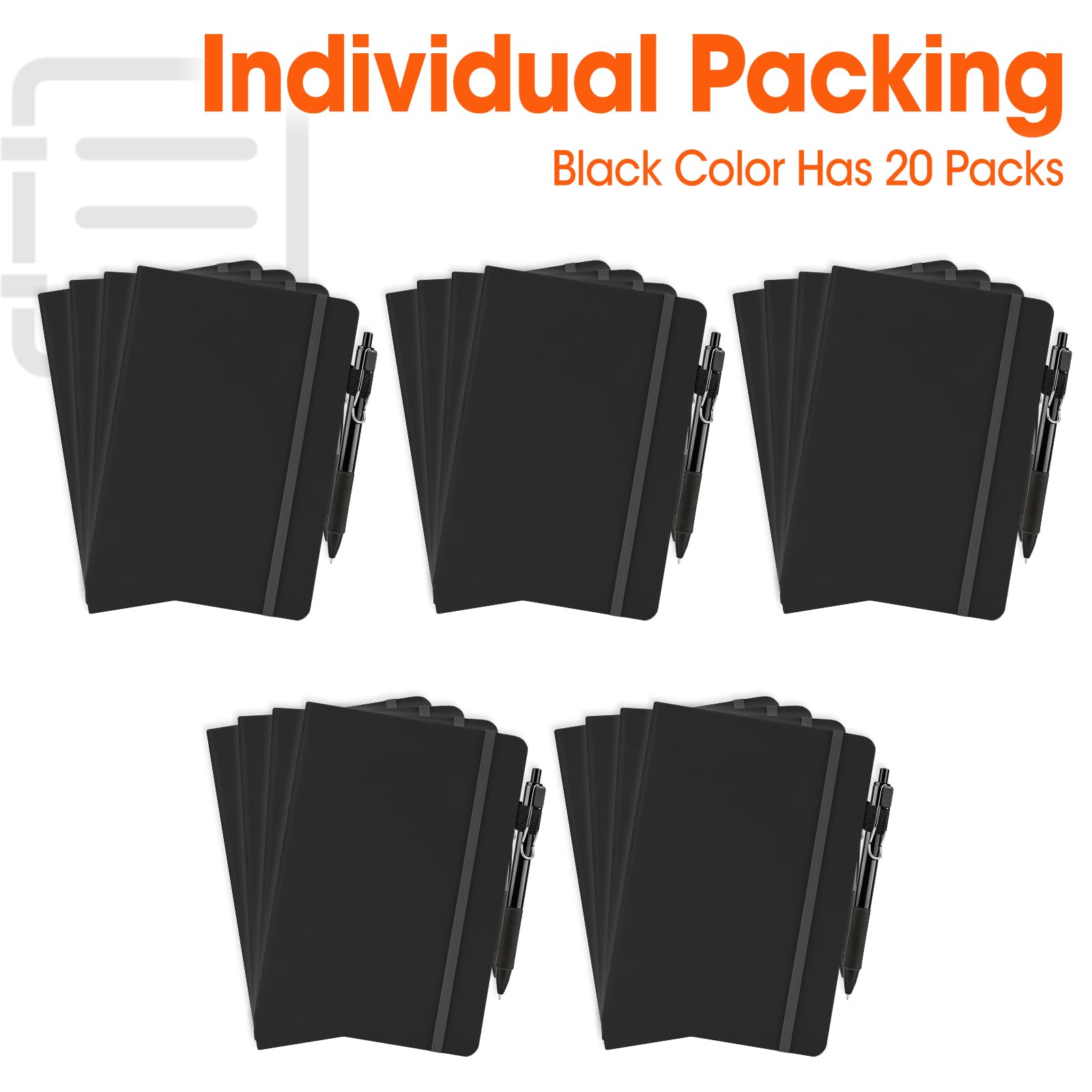 Confezione da 20 quaderni a righe con penna, formato A5, copertina rigida in pelle, 14 x 21,1 cm, nero, 136 pagine a righe e set di penne, per ufficio, scuola e lavoro