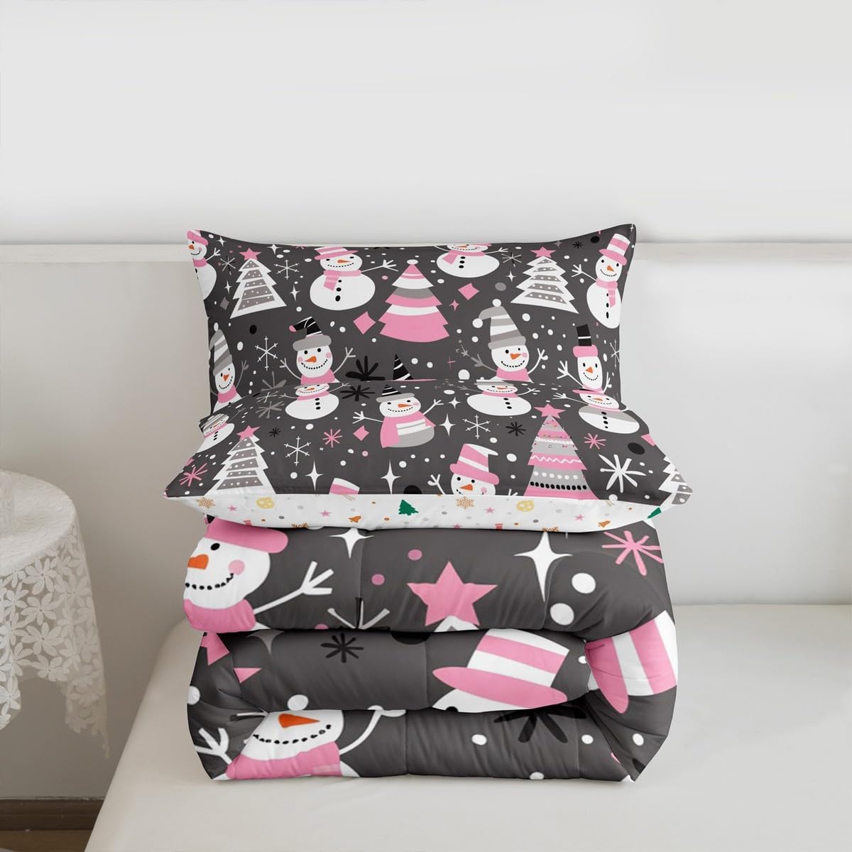 Feelyou Merry Christmas Comforter Set All Season Xmas Tree and Snowman Bedding Set with 1 Pillow Cases Snowflake Microfiber Toddler Bedclothes Bedroom Decor Duvet Quilt Breathable Soft Lightweight
