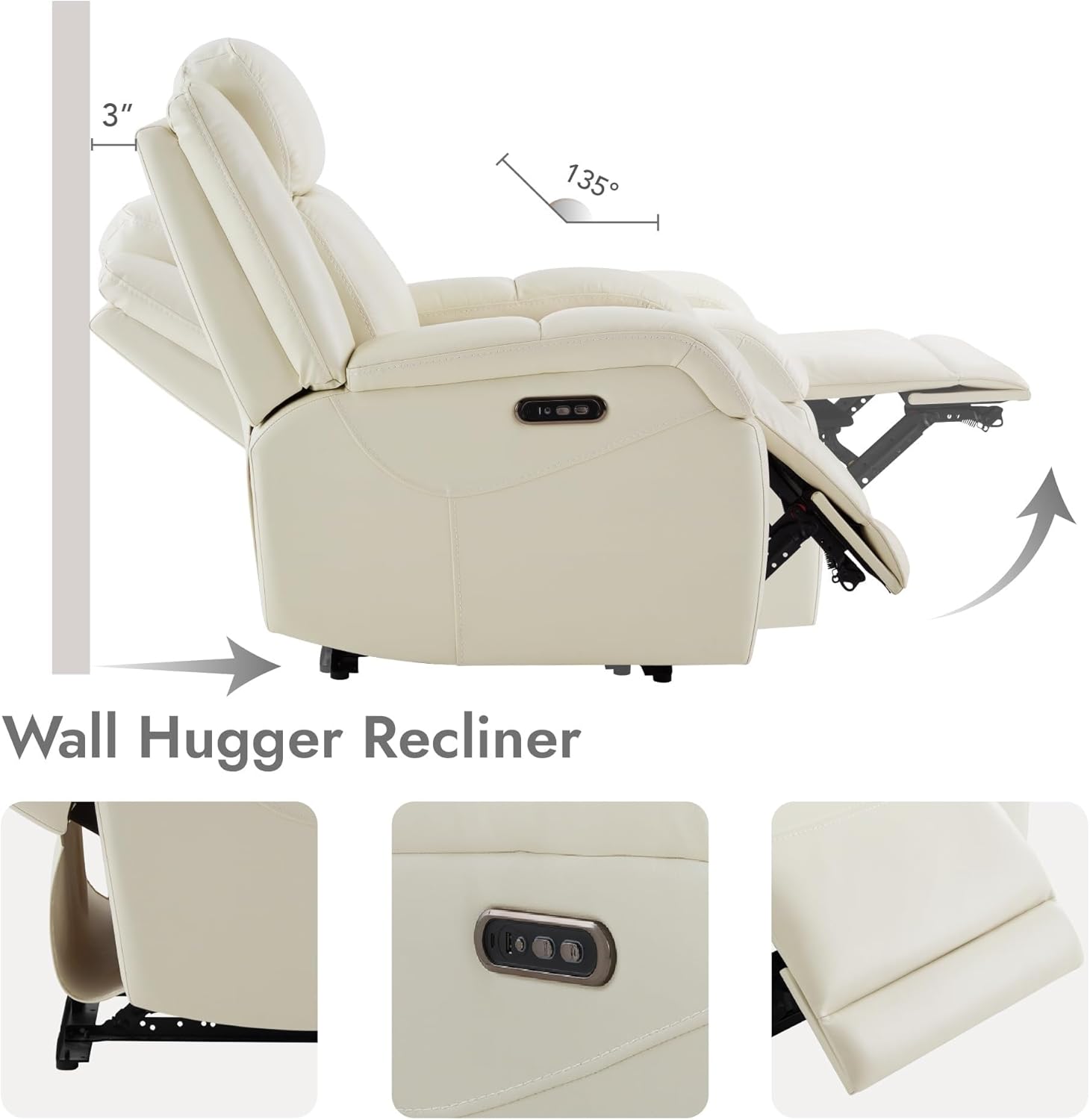 Cream for Adults Genuine Leather Power Recliner Chairs with Power Headrest & Charging Ports Wall Hugger RV Recliner for Living Room Electric Recliner Sofa Chair