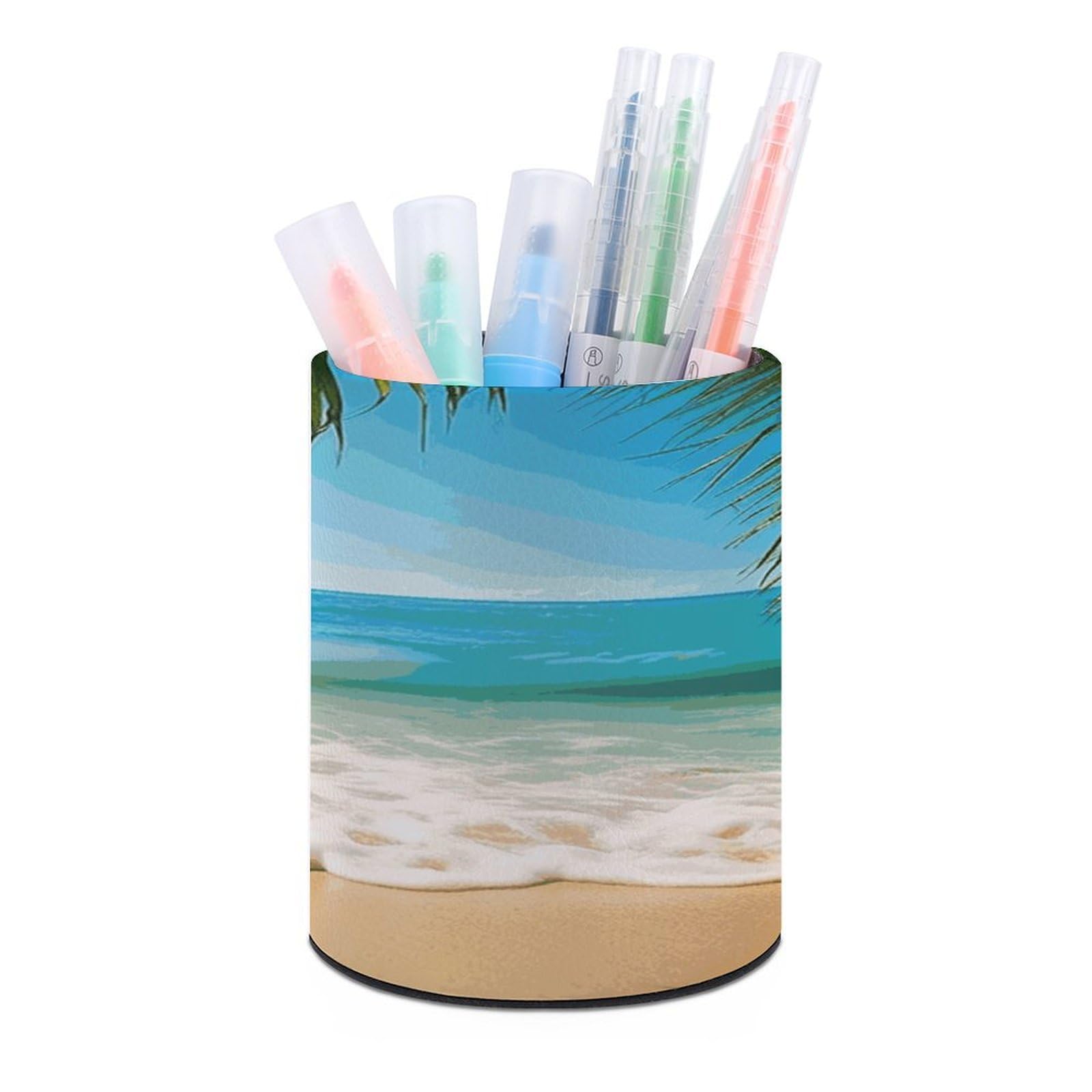 FekiLoot Ocean Sea Beach Palm Leaves Pen Holder Cup Fashion PU Leather Pencil Cup Minimalist Pen Organizer Round Pencil Holder Stand Work Locker Accessories for Decoration Desk Office Home