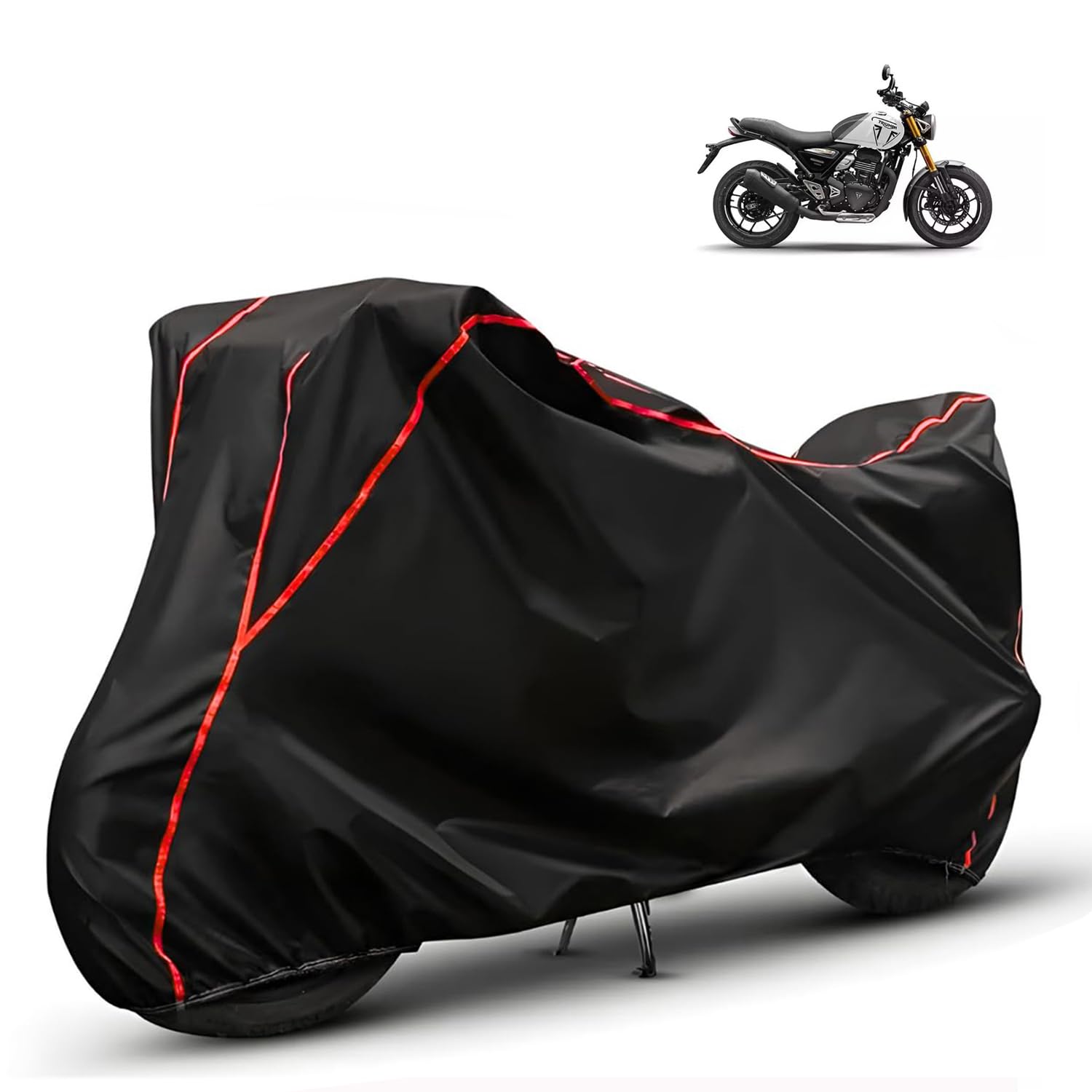 Compatible with Triumph Speed 400 Waterproof Two Wheeler Bike Body Cover ? Water Resistant, Heavy Duty, UV Rays, Dust & Scratch Protection for All-Modal & Variants (Black,Red Piping)-image-2