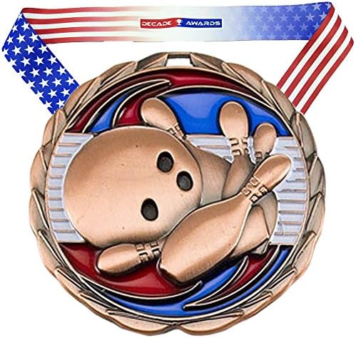 Decade Awards Bowling Color Medal, Bronze - 2.5 Inch Wide Third Place Tournament Medallion with Stars and Stripes American Flag V Neck Ribbon