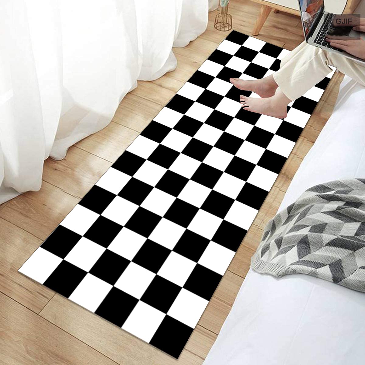 Tapis de Couloir Passage Noir et Blanc Cuisine Antidérapant Géométrie Design Moderne, pour Couloir/Cuisine/Escaliers, Largeur 60cm / 70cm/ 80cm / 90cm/ 100cm / 120cm(Size:60x320cm)