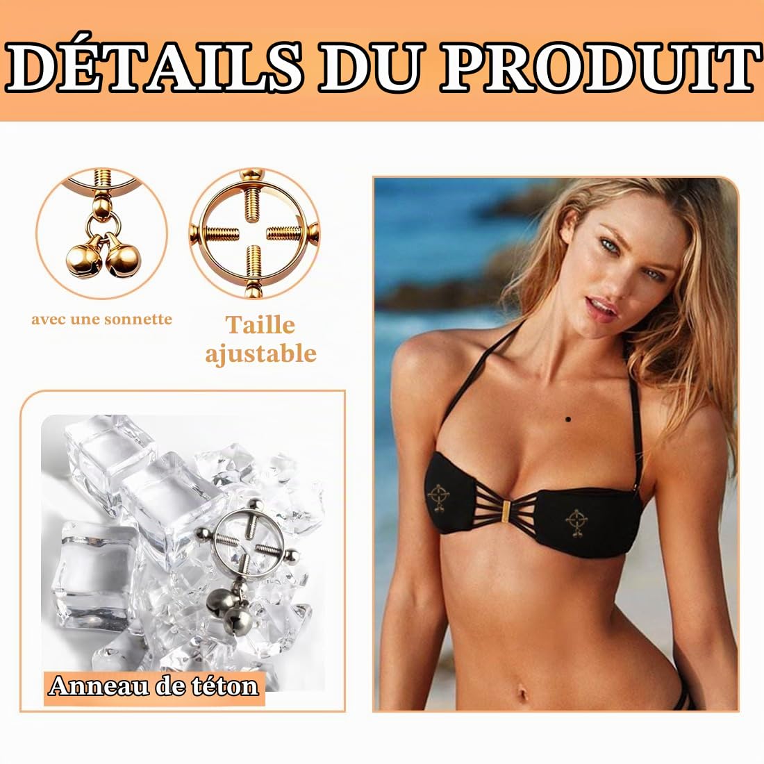 Faux piercing teton, Faux piercing, Faux Piercing Teton en Acier Inoxydable et Noir - Lot de 4 Bijoux Mamelon sans Piercing - Idéal pour Femme
