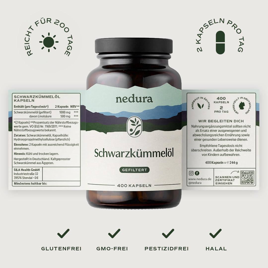 nedura® Schwarzkümmelöl Kapseln – Premium Schwarzkümmel aus dem Orient in eigener Deutscher Manufaktur kaltgepresst & abgefüllt – 400 Stück in veganer Kapselhülle – 1000 mg Tagesdosis