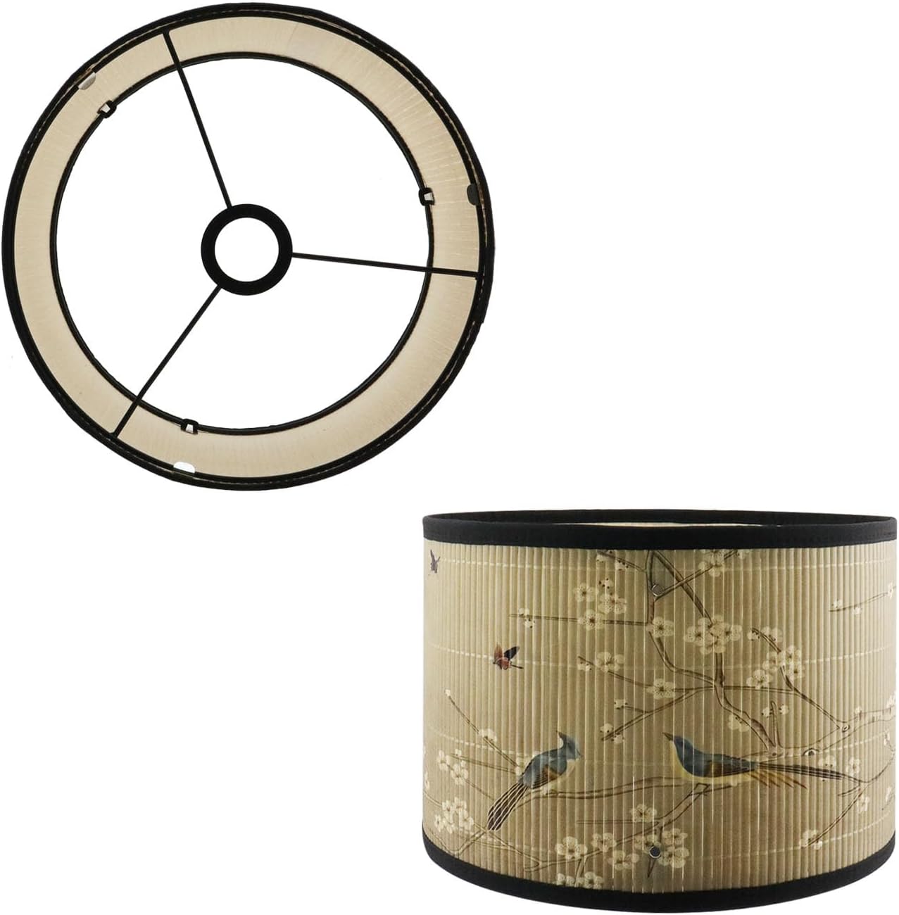Crapyt E27 Round Removable Lamp Shades, 11.8" × 11.8" × 7.87" Wood Lampshade with Plant and Bird Print, Ink-wash Painting Pattern for Table/Floor/Ceiling/Wall Lamp，Pattern 1
