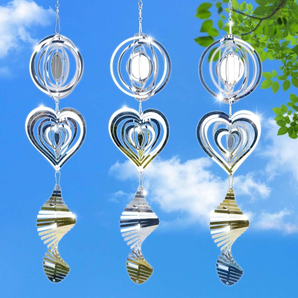 Metal Bird Scare Discs Set, Wind Spinner 3D Hanging Wind Sculptures, Bird Scare Devices Outside Outdoor Garden Decor, Mirrored Wind Chime to Scare Birds Away from Yard Patio Farm (1Set 3Pcs)