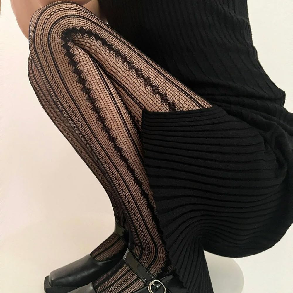 MEIFULLE Women's Chain Hollowed-out Tights Black Sexy See Through Jacquard American Retro Style Mesh Breathable Lace Fishnet Pantyhose